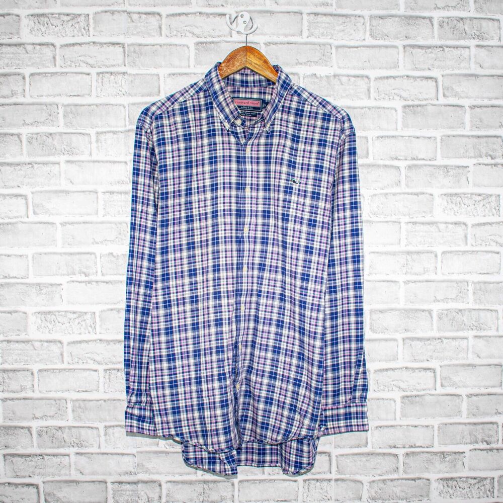 Vineyard Vines Slim Button Down Whale Shirt Blue Purple Check Size LARGE